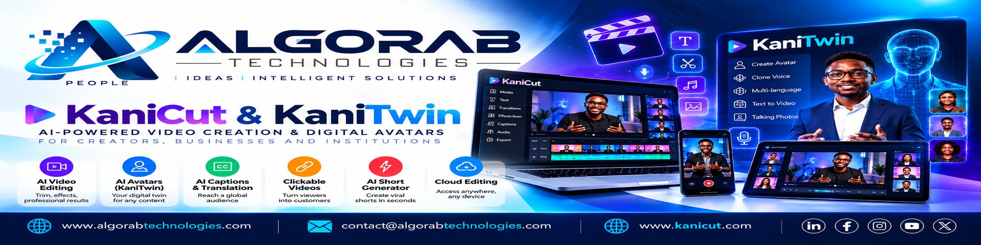 Algorab Techologies - KaniCut & KaniTwin AI Powered Video Creation & Digital Avatars for Creators, Businesses and Institutions. AI Video editing, AI Avatars, AI Captions & Translation, Clickable Videos, AI Short Generator, Cloud Editing. www.algorabtechnologies.com
